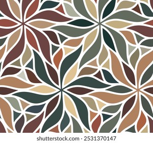 Seamless floral pattern with abstract brown, green, grey, and beige swirl leaves on a white background. Modern style foliage design. Geometric vector illustration.