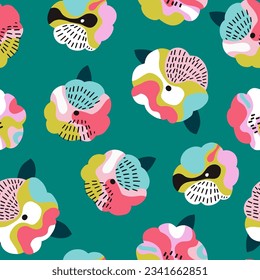 Seamless floral pattern with abstract colourful poppies. Botanical green texture for fabric, textile, apparel, home decor. Vector illustration