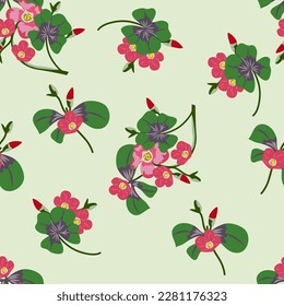 Seamless floral pattern with abstract cute pink flowers on a light green background. Design for cloth, wallpaper, gift wrapping. Print for silk, calico and home textiles
