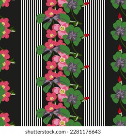 Seamless floral pattern with abstract cute pink flowers on a black background. Design for cloth, wallpaper, gift wrapping. Print for silk, calico and home textiles