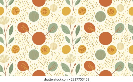 Seamless floral pattern with abstract dandelion flowers, green leaves, and colorful circles in retro style.