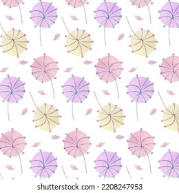 Seamless floral pattern of abstract dandelions. Hand-painted watercolor flowers, flat design.