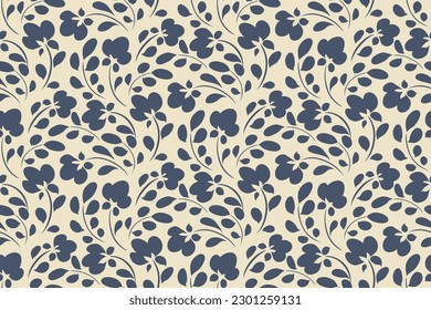 Seamless floral pattern, abstract ditsy print with rustic folk motif. Simple botanical surface design with hand drawn meadow: small blue flowers, leaves on a white background. Vector illustration.