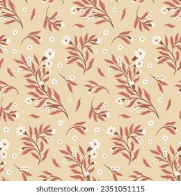 Patrón floral sin foco, impresión ditsy abstracta con botánica otoñal en estilo vintage. Diseño botánico, adorno folclórico: ramas dibujadas a mano con flores pequeñas, hojas grandes sobre un fondo beige. Vector.