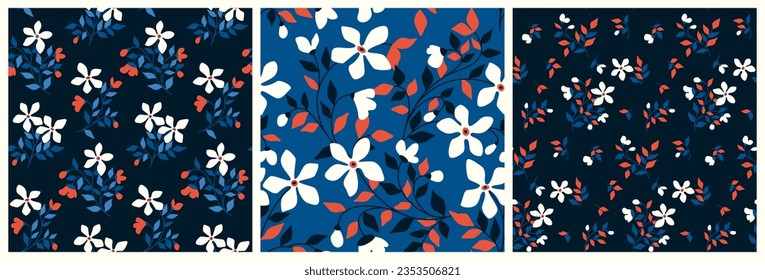 Seamless floral pattern, abstract ditsy print of simple winter botany in a set. Botanical design with vintage motif: hand drawn small flowers, branches, leaves on blue background. Vector illustration.