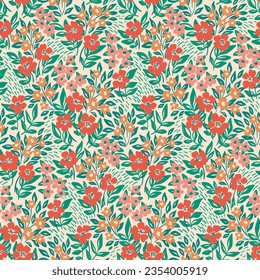 Seamless floral pattern, abstract ditsy print with artistic vintage meadow. Beautiful botanical design, background: small hand drawn flowers, grass, leaves on a wild field. Vector illustration.