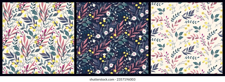 Seamless floral pattern, abstract ditsy print with wild plants in collection. Winter, autumn botanical design: small hand drawn flowers, leaves, herbs, branches on a different background. Vector.