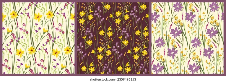 Seamless floral pattern, abstract ditsy print with artistic vintage field in collection. Elegant botanical design: hand drawn wild plants, small flowers, leaves, herbs on different backgrounds. Vector