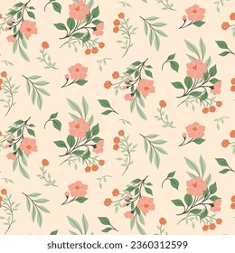 Seamless floral pattern, abstract ditsy print with delicate wild plants. Romantic botanical design, ornament: hand drawn flowers branches, leaves, herbs on a pink background. Vector illustration.