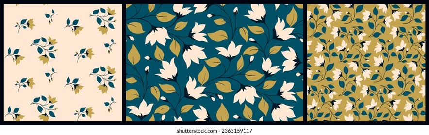 Seamless floral pattern, abstract ditsy print of small branches in the collection. Simple botanical design with vintage motif: hand drawn tiny twigs with flowers, leaves, different backgrounds. Vector