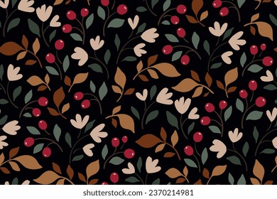 Nahtlose Blumenmuster, abstrakter, ditsamer Druck mit einfachen Wildpflanzen. Cute botanische Gestaltung in Herbstfarben: kleine handgezeichnete Blätter, winzige Beeren, Blumen auf dunklem Hintergrund. Vektorgrafik.