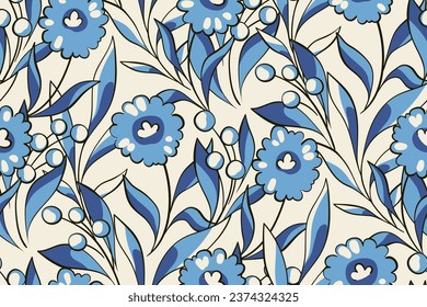 Seamless floral pattern, abstract ditsy print with rustic folk motif. Delicate botanical design: hand drawn blue flowers, wild herbs, leaves, branches on a white background. Vector illustration.