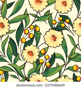 Patrón floral sin brillo, impresión abstracta de color marrón con un bonito campo primaveral simple. Diseño botánico fresco: flores dibujadas a mano, hojas verdes, ramas, bayas sobre fondo blanco. Ilustración vectorial.