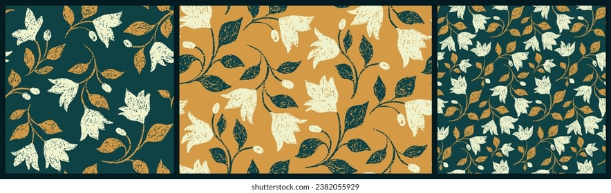 Seamless floral pattern, abstract ditsy print with decorative texture branches in the collection. Botanical design with a folk motif, ornament with small hand drawn flowers twigs. Vector illustration.