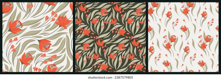 Seamless floral pattern, abstract ditsy print with vintage motif in the collection. Elegant botanical design with hand drawn wild plants, red flowers, autumn leaves. Vector illustration.