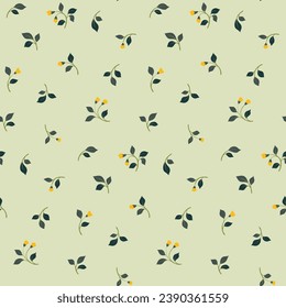 Seamless floral pattern, abstract ditsy print with mini cute twig. Pretty simple botanical design in a spring rustic motif: small hand drawn flowers, branches, tiny leaves on light background. Vector.