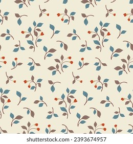 Nahtlose Blumenmuster, abstrakter, abstrakter Druck mit kleiner Winterbotanik in einem Volksmotiv. Einfaches, niedliches botanisches Design: kleine, handgezeichnete Blumenzweige, winzige Blätter auf Weiß. Vektorgrafik.