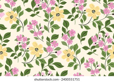 Patrón floral sin soldadura, impresión abstracta de color con botánica primaveral en un motivo folclórico. Diseño botánico lindo: flores silvestres dibujadas a mano, hojas grandes, ramas en blanco. Patrón de flor vectorial.