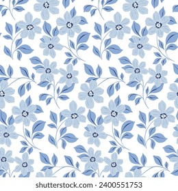 Seamless floral pattern, abstract ditsy print in a folk motif. Cute botanical design: hand drawn small blue flowers branches, large leaves on a white background. Vector flower pattern in two colors.