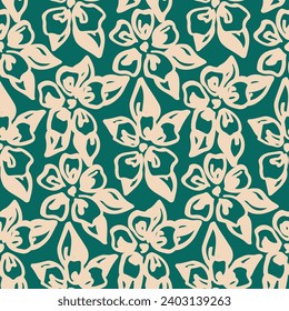 Patrón floral sin fisuras, impresión abstracta de color con motivos de moda de antaño. Diseño botánico sencillo, boceto textura repetida con flores dibujadas a mano, hojas. Patrón de flor vectorial para papel pintado, textil, otros.