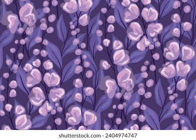Seamless floral pattern, abstract ditsy print of hand drawn purple wild plants. Artistic botanical design with small flowers, branches, large leaves on dark background. Vector winter motif flower tile