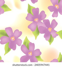 Seamless floral pattern, abstract ditsy print with large watercolor flowers. Wait delicate botanical design of spring flora: purple flowers, leaves on white. Flower ornament, vector illustration.