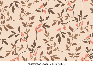 Patrón floral sin fisuras, impresión abstracta de color con motivos de moda de antaño. Diseño botánico romántico: ramas dibujadas a mano, ramas, pequeños borlos de flores, hojas diminutas sobre un fondo claro. Ilustración del vector