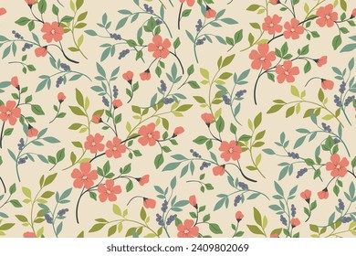 Seamless floral pattern, abstract ditsy print with a delicate spring garden in a vintage motif. Elegant botanical design: small hand drawn flowers, thin branches, leaves on pink. Vector illustration.