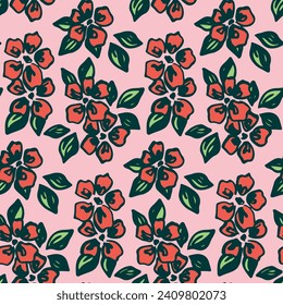 Seamless floral pattern, abstract ditsy print with sketch pattern of simple flowers. Cute botanical design with retro motif: hand drawn large red flowers, small leaves on pink. Vector illustration.