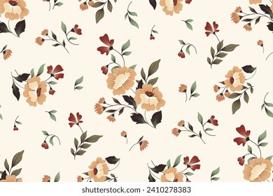 Patrón floral sin brillo, impresión abstracta de color marrón en estilo vintage. Elegante diseño botánico de moda: flores dibujadas a mano, pequeños ramos, hojas sobre un fondo blanco. Papel tapiz de flores vectoriales, textiles