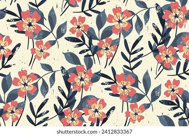 Patrón floral sin foco, impresión abstracta de color con plantas desgastadas con un motivo tropical vintage. Diseño botánico: flores rojas dibujadas a mano, hojas, elementos de textura. Ilustración gráfica vectorial.