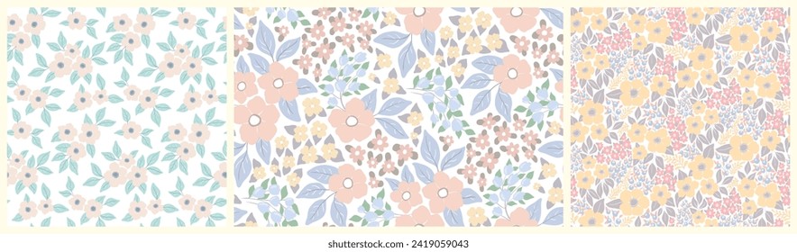 Seamless floral pattern, abstract ditsy print, romantic flower ornament in a collection. Cute botanical design of hand drawn flowers, leaves, decorative art flora in pastel colors. Vector illustration