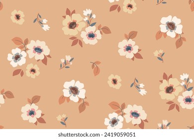Seamless floral pattern, abstract ditsy print, flower ornament in neutral colors. Simple botanical design: hand drawn flowers, leaves, small bouquets on a beige background. Vector illustration.