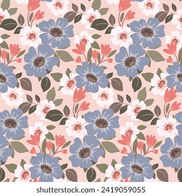 Seamless floral pattern, abstract ditsy print in romantic retro style. Cute botanical surface design: hand drawn flowers, leaves, wild meadow in light pastel colors. Vector illustration.