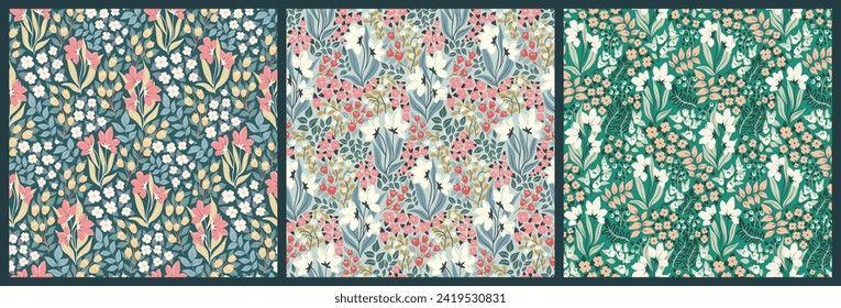 Seamless floral pattern, abstract ditsy print, decorative flower ornament. Botanical design in retro style: hand drawn small wild flowers, herbs, leaves in ornate composition. Vector illustration.