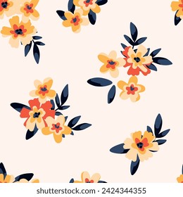 Seamless floral pattern, abstract ditsy print in retro folk motif. Simple botanical design, ornament: small hand drawn flowers, leaves, little orange bouquets on white background. Vector illustration.