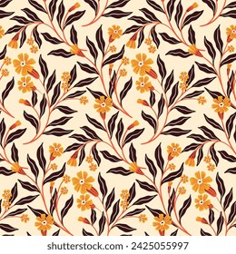 Seamless floral pattern, abstract ditsy print with decorative art plants in retro folk style. Botanical design in autumn colors: hand drawn flowers, branches, leaves in fall. Vector illustration