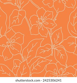 Patrón floral sin costuras, impresión abstracta ditsy de la botánica de arte de línea. Elegante diseño botánico de plantas de boceto: flores de lirio dibujadas a mano, hojas sobre un fondo naranja. Ilustración vectorial en dos colores.