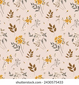 Seamless floral pattern, abstract ditsy print, flower ornament in classic vintage style. Elegant botanical design: small hand drawn yellow flowers, leaves, branches. Vector illustration.