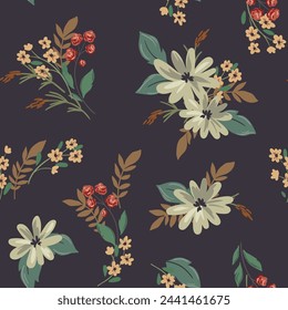 Nahtloses Blumenmuster, abstrakter ditziger Print im Vintage-Stil. Elegante botanische Tapeten, Textildesign: handgezeichnete Pflanzen, Blumen, Blätter, kleine Sträuße auf dunklem Hintergrund. Vektorgrafik.