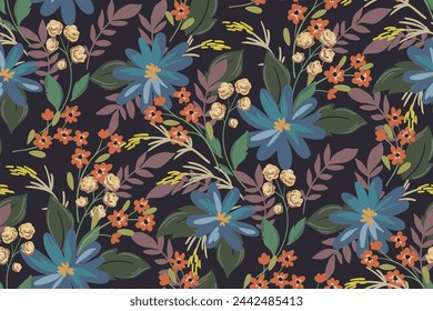 Seamless floral pattern, abstract ditsy print of wild plants in a vintage motif. Elegant botanical design: hand drawn large flowers, small leaves, artistic meadow on a dark field. Vector illustration.