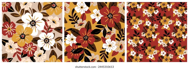 Seamless floral pattern, abstract ditsy print in autumn retro motif. Beautiful botanical design collection: hand drawn flowers, foliage, leaves, simple decorative bouquets. Vector illustration.