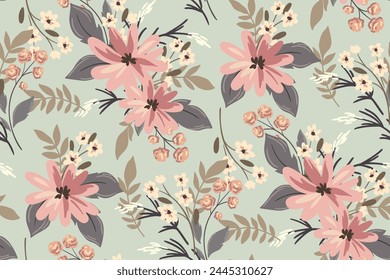 Seamless floral pattern, abstract ditsy print in a romantic vintage motif. Beautiful botanical design in delicate colors: hand drawn pink flowers, leaves, bouquets on a blue. Vector illustration.