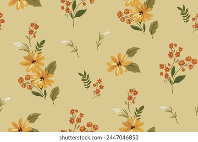 Seamless floral pattern, abstract ditsy print, elegant nature ornament in yellow colors. Beautiful botanical wallpaper, textile design: hand drawn wild flowers bouquets, leaves. Vector illustration.