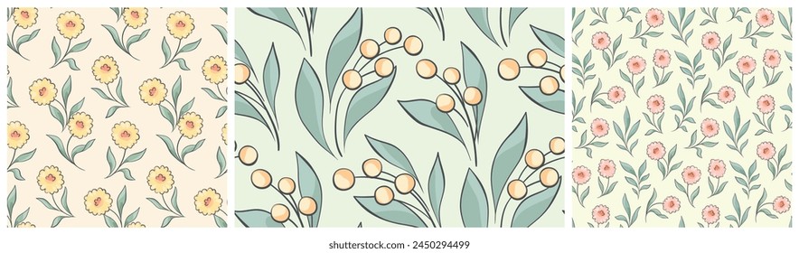 Patrón floral sin costuras, impresión ditsy abstracta, adorno de la naturaleza en delicados colores pastel. Bonita colección de diseño botánico: lindas flores silvestres dibujadas a mano, hojas en luz. Ilustración vectorial.