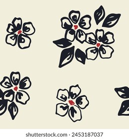 Seamless floral pattern, abstract ditsy ornament, graphic flower print of simple hand drawn plants. Botanical surface design: daisy flowers, small leaves, black bouquets on white. Vector illustration.