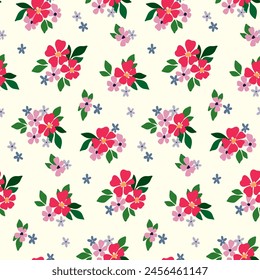 Patrón floral sin costuras, impresión ditsy abstracta, adorno simple en motivo folk. Lindo diseño botánico: Pequeñas flores dibujadas a mano, hojas diminutas, pequeños ramos bonitos en un campo blanco. Ilustración vectorial.