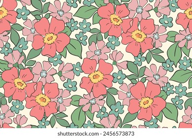 Seamless floral pattern, abstract ditsy print, liberty flower ornament in pretty spring motif. Cute botanical design: simple hand drawn large flowers, tiny leaves in drawing style. Vector illustration