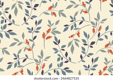 Seamless floral pattern, abstract ditsy print, nature ornament in elegant vintage style. Elegant botanical design: small hand drawn flowers branches, leaves in delicate colors. Vector illustration.