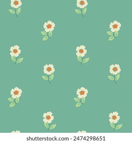 Seamless floral pattern, abstract ditsy print, cute flower ornament in cartoon folk motif. Pretty botanical design of small hand drawn daisy flowers on blue background. Vector illustration.